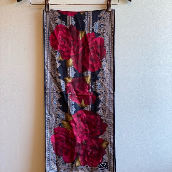 Vintage Oscar De La Renta 100% Silk Floral Oblong Scarf Brown & Burgundy - Picture 1 of 5